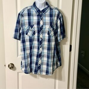 Helix Western Shirt Mens 2XL Slim Blue Black White Plaid Short Sleeve Button Up